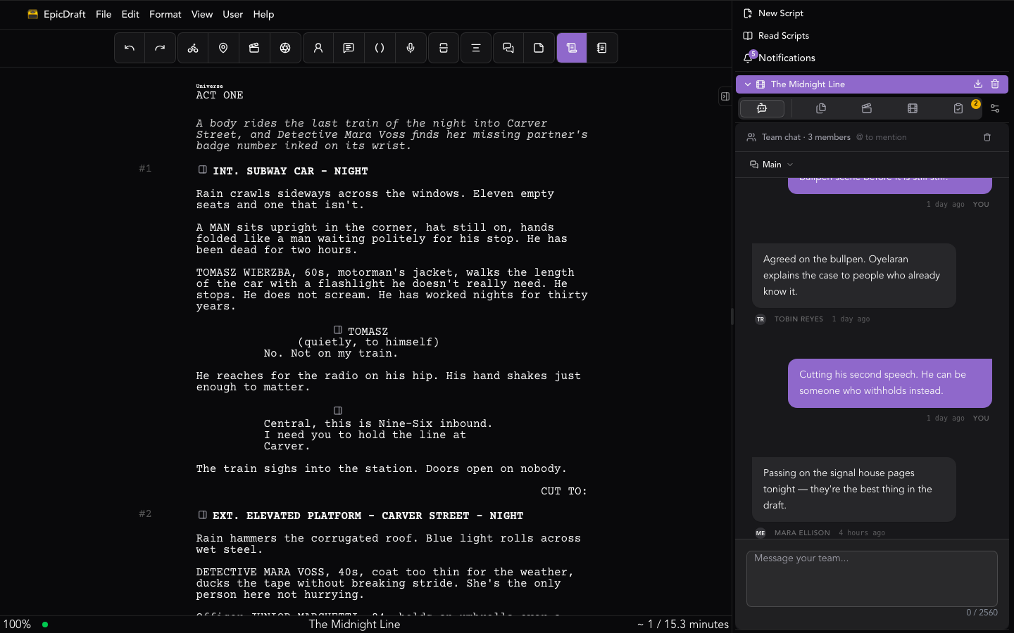 A team conversation in the chat tab beside the script