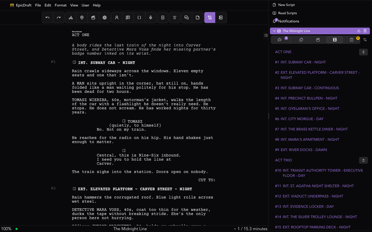 The EpicDraft editor with the side navigation and file panel