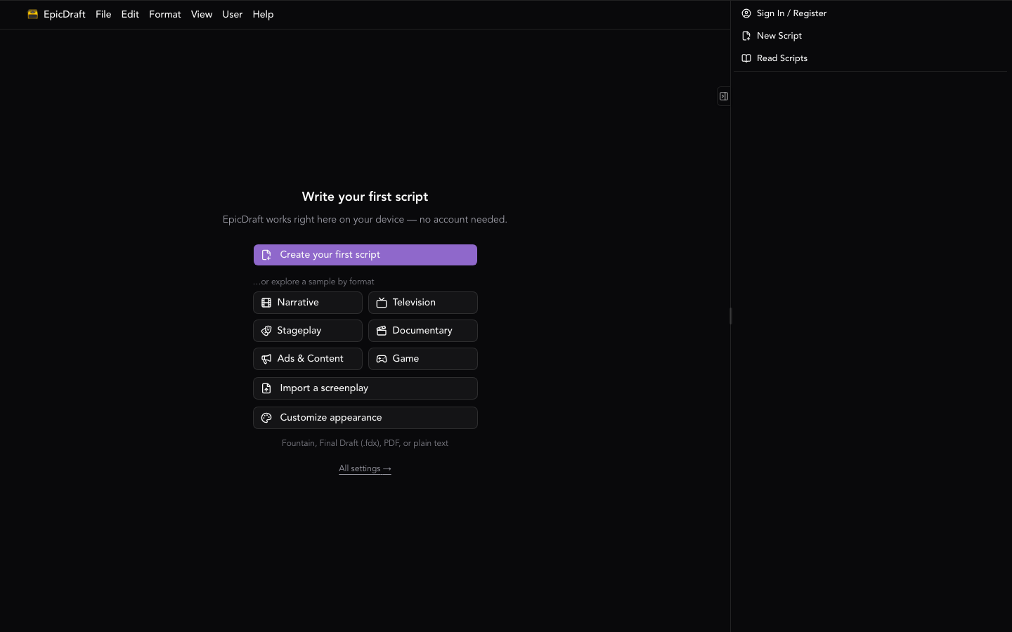 The first-run screen, with sample scripts by format