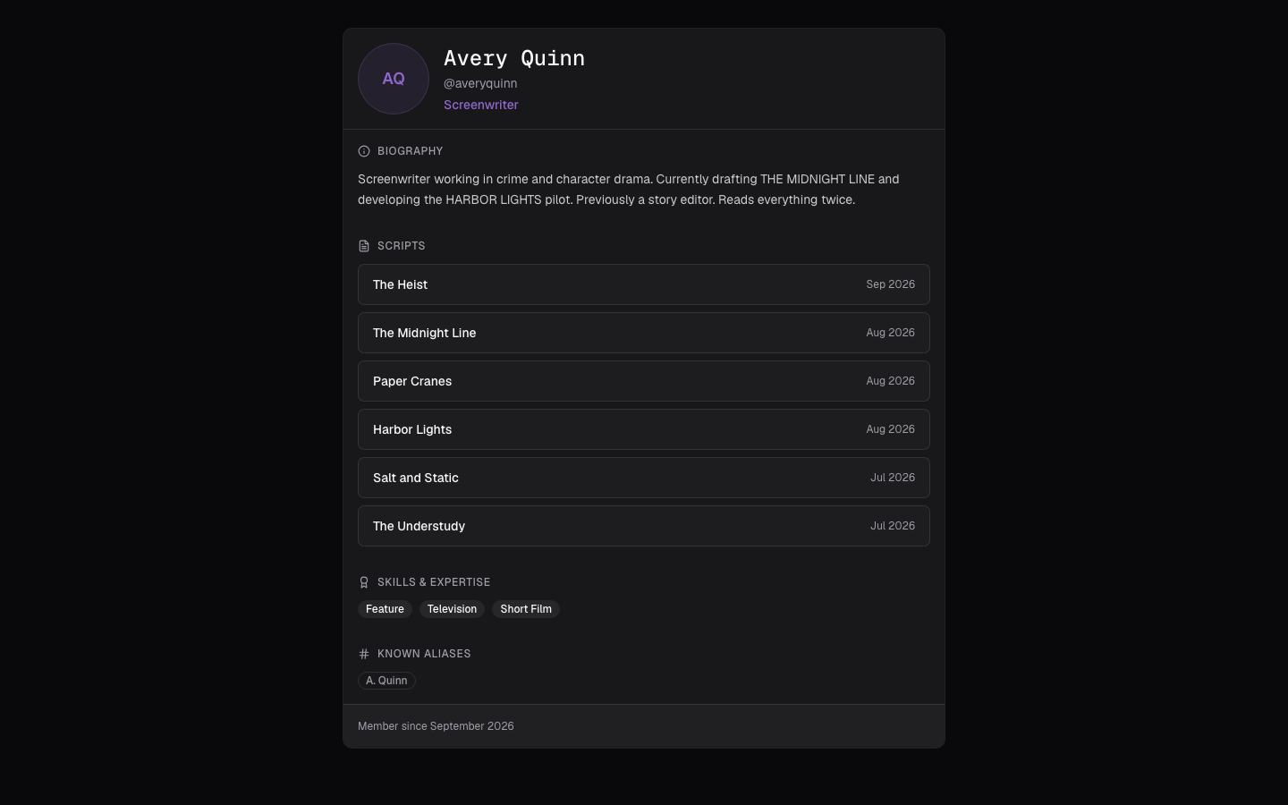 A public author page with name, handle, career badges, and notable scripts