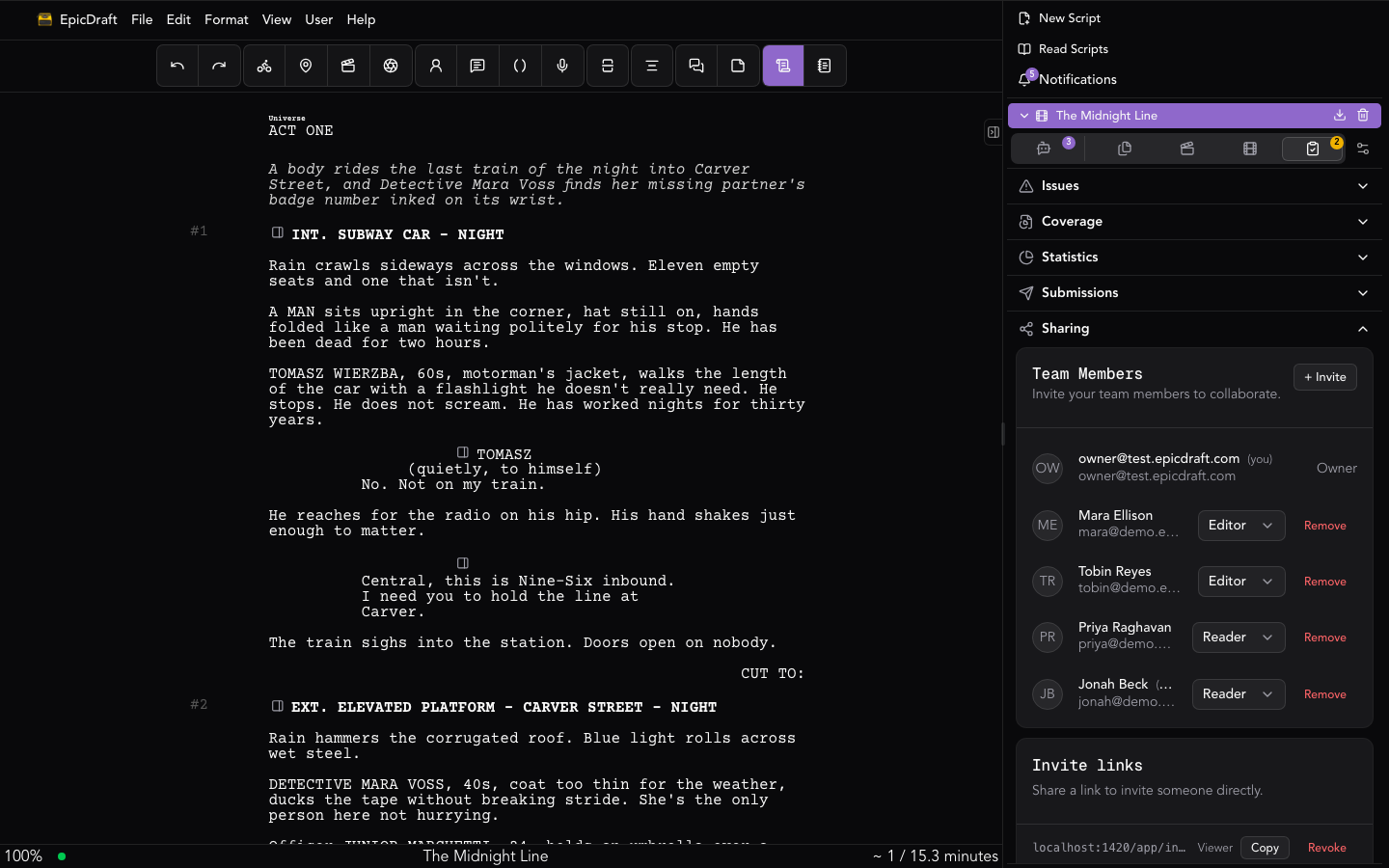 The Review tab's Sharing section, with collaborators and invite links