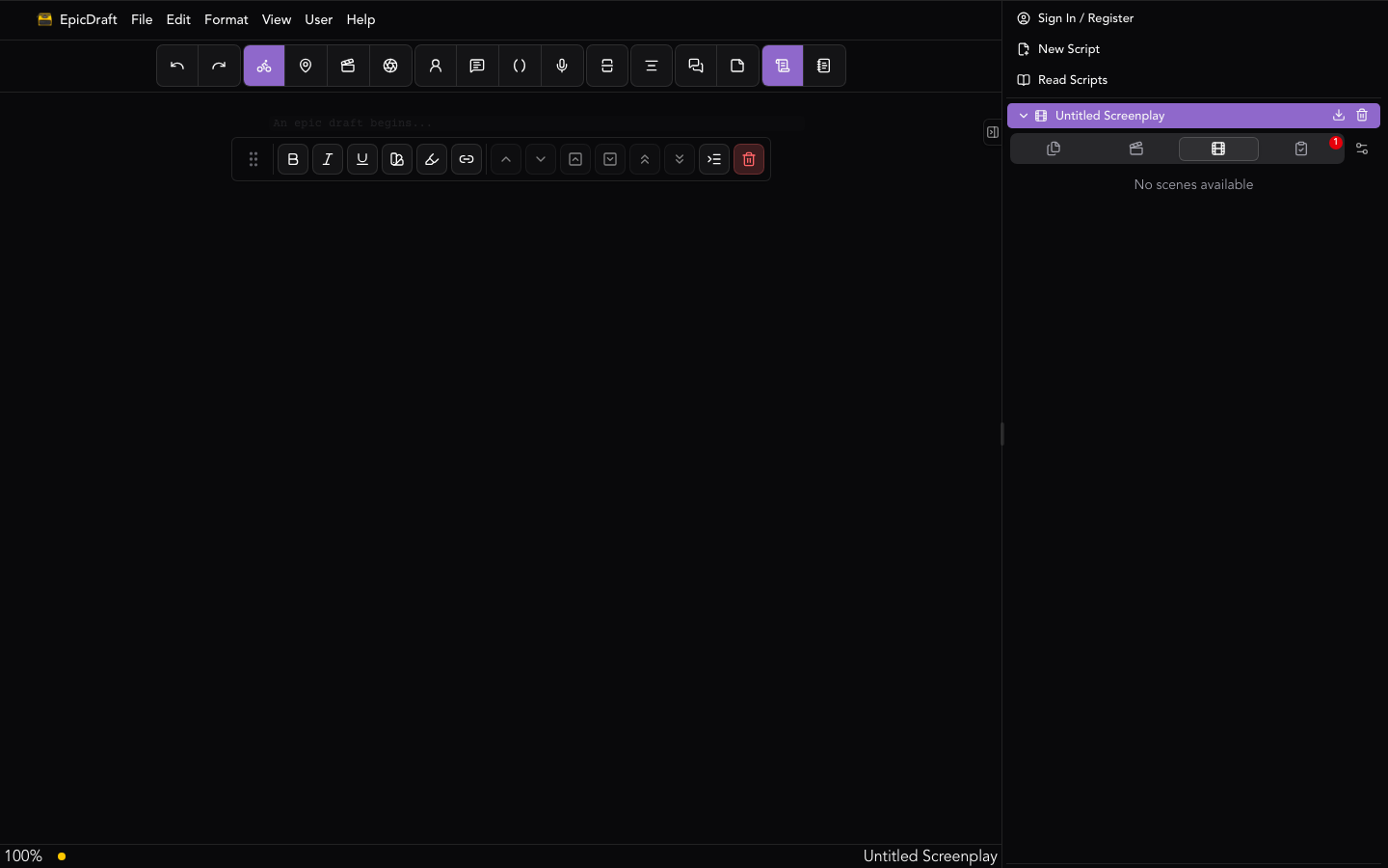 The EpicDraft editor with the file panel on the right