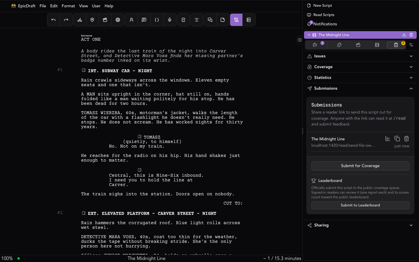The Submissions section in the Review tab, with Submit for Coverage and Submit to Leaderboard